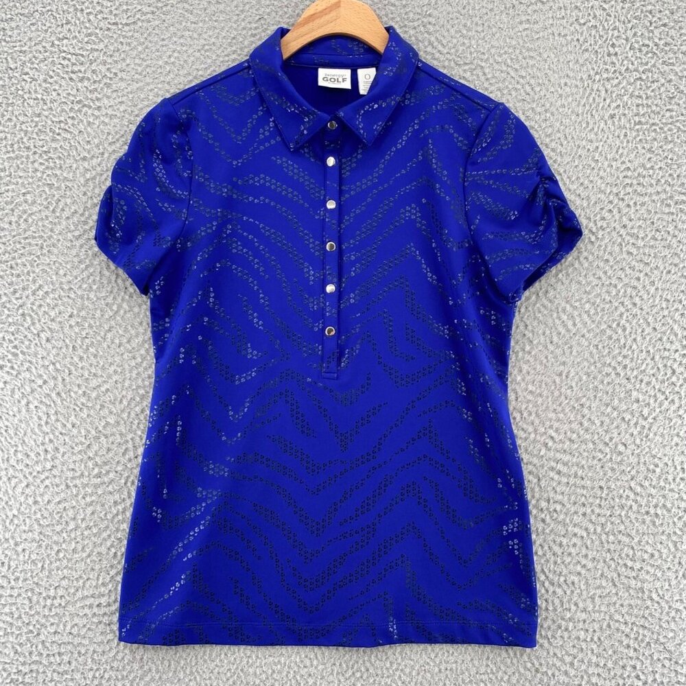 Chicos Top Womens 0 US Small Blue Zenergy Golf Polo 1/2 Snap Cinch Short Sleeve